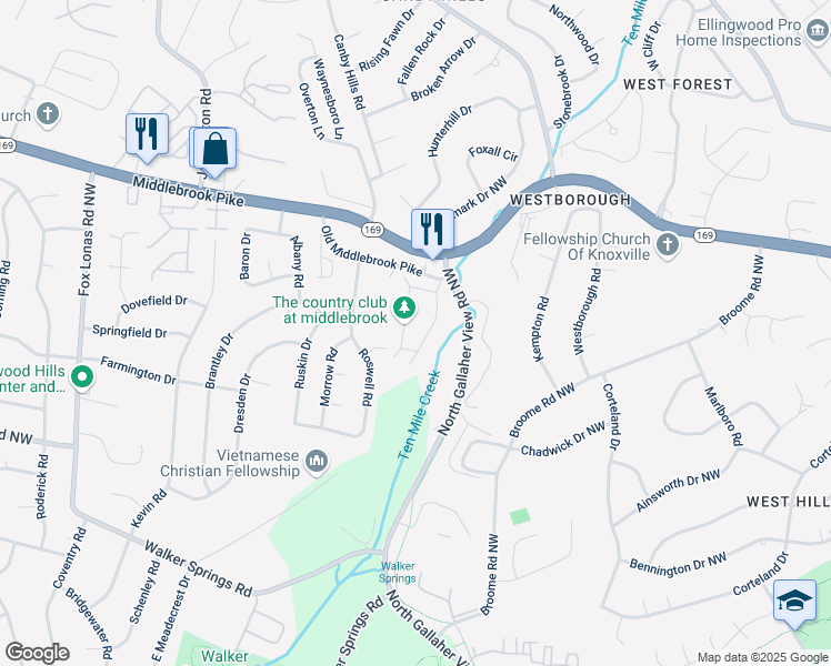map of restaurants, bars, coffee shops, grocery stores, and more near 8400 Country Club Way in Knoxville