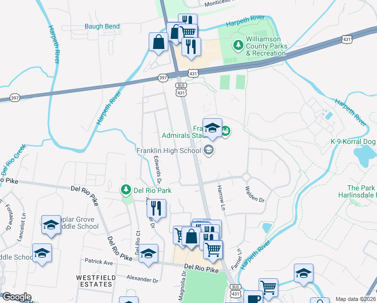 map of restaurants, bars, coffee shops, grocery stores, and more near 815 Hillsboro Road in Franklin