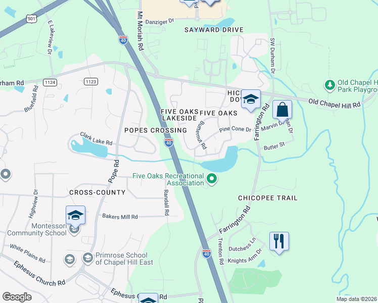 map of restaurants, bars, coffee shops, grocery stores, and more near 5034 Butternut Road in Durham