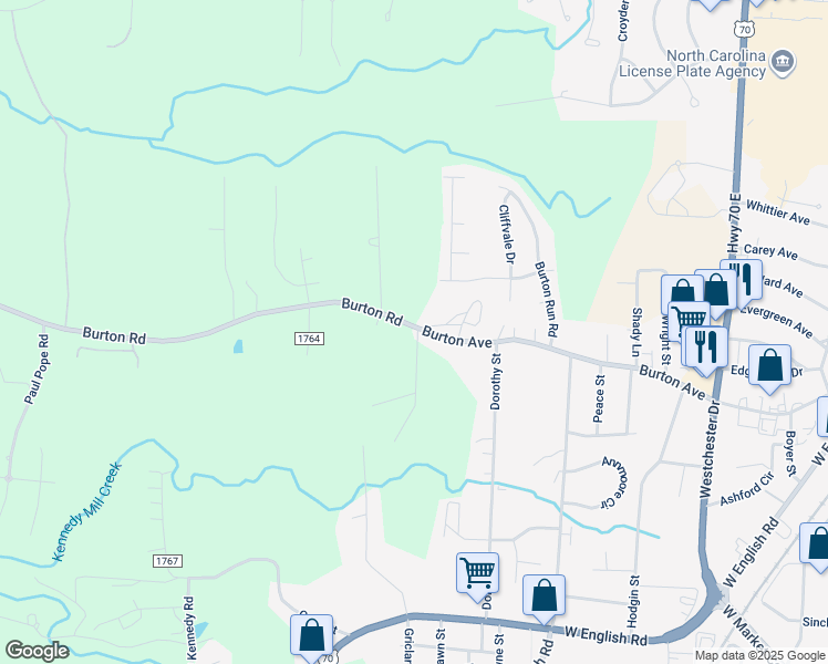 map of restaurants, bars, coffee shops, grocery stores, and more near 1407 Burton Road in Thomasville