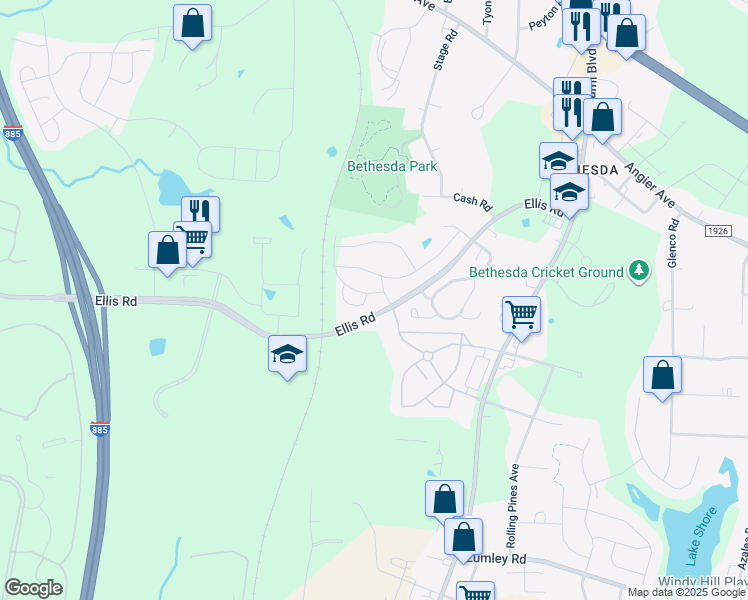 map of restaurants, bars, coffee shops, grocery stores, and more near 1005 Freeport Drive in Durham