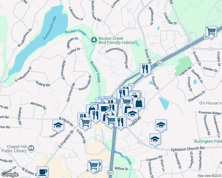 map of restaurants, bars, coffee shops, grocery stores, and more near in Chapel Hill