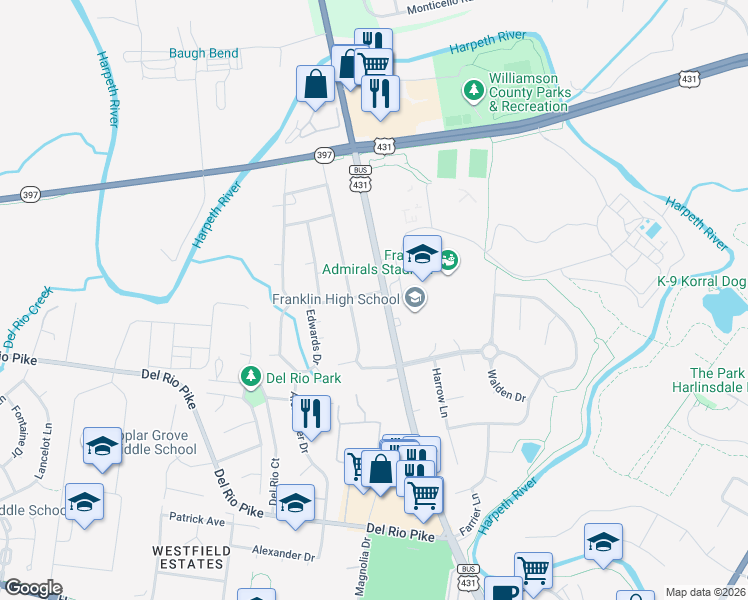 map of restaurants, bars, coffee shops, grocery stores, and more near 815 Hillsboro Road in Franklin