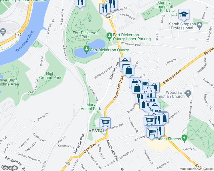 map of restaurants, bars, coffee shops, grocery stores, and more near 263 Maryville Pike in Knoxville