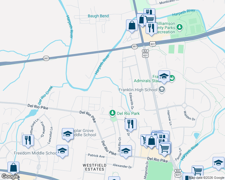 map of restaurants, bars, coffee shops, grocery stores, and more near 821 Rebel Circle in Franklin