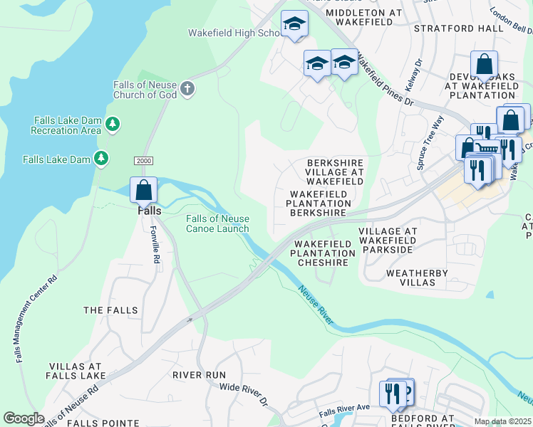 map of restaurants, bars, coffee shops, grocery stores, and more near 12900 Townfield Drive in Raleigh