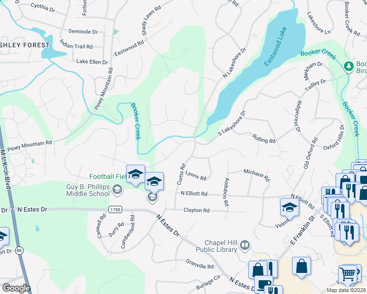 map of restaurants, bars, coffee shops, grocery stores, and more near 600 Kensington Drive in Chapel Hill