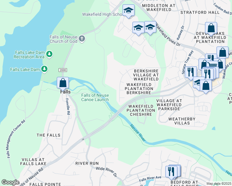 map of restaurants, bars, coffee shops, grocery stores, and more near 12900 Townfield Drive in Raleigh