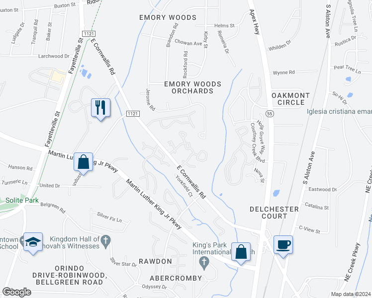 map of restaurants, bars, coffee shops, grocery stores, and more near 1717 East Cornwallis Road in Durham