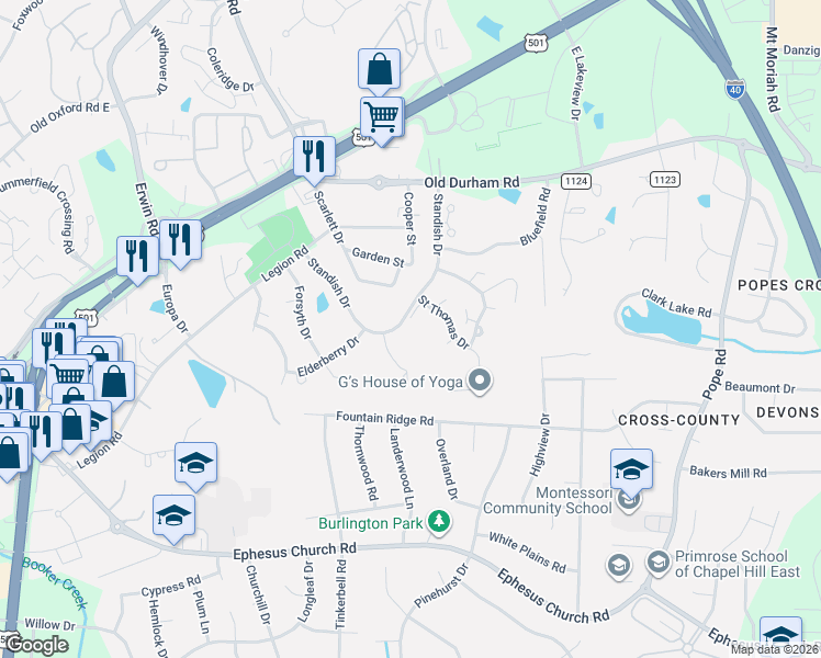 map of restaurants, bars, coffee shops, grocery stores, and more near 101 Albany Point in Chapel Hill