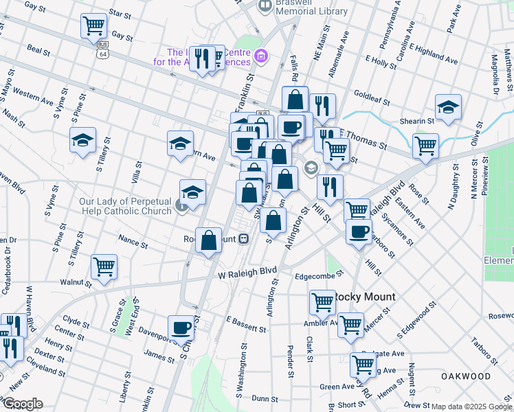 map of restaurants, bars, coffee shops, grocery stores, and more near 320 Southwest Main Street in Rocky Mount