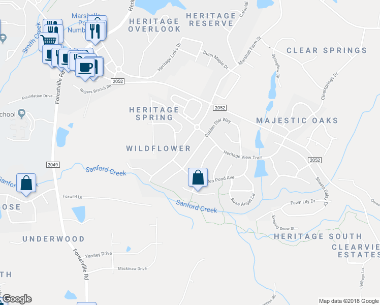 map of restaurants, bars, coffee shops, grocery stores, and more near 1017 Golden Star Way in Wake Forest