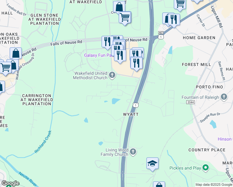 map of restaurants, bars, coffee shops, grocery stores, and more near 10 Ponderosa Park Drive in Wake Forest