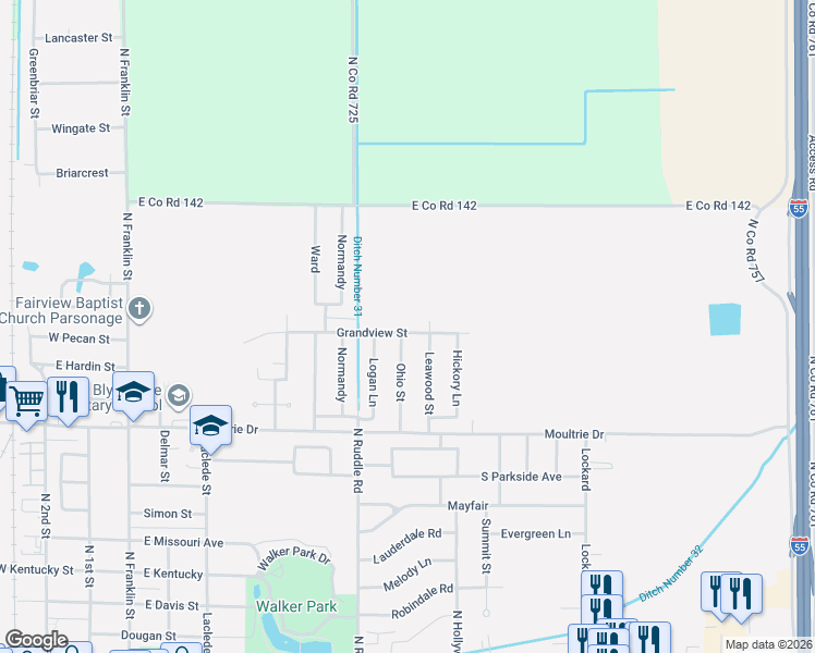 map of restaurants, bars, coffee shops, grocery stores, and more near 800 Grandview Street in Blytheville