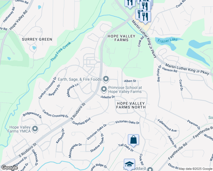 map of restaurants, bars, coffee shops, grocery stores, and more near 4509 Nightfall Court in Durham