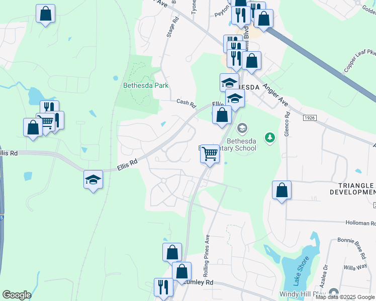 map of restaurants, bars, coffee shops, grocery stores, and more near 115 Hidden Springs Drive in Durham
