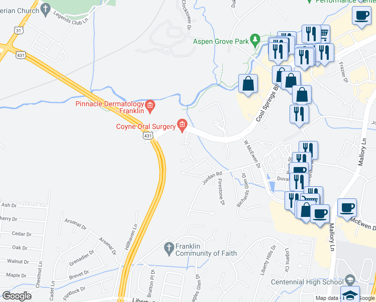 map of restaurants, bars, coffee shops, grocery stores, and more near 1044 Windcross Court in Franklin