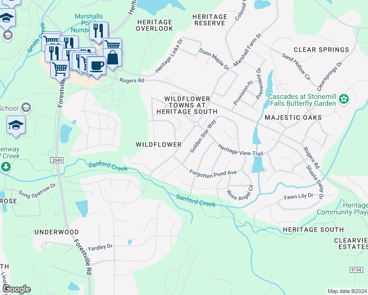 map of restaurants, bars, coffee shops, grocery stores, and more near 1016 Marshall Farm Street in Wake Forest