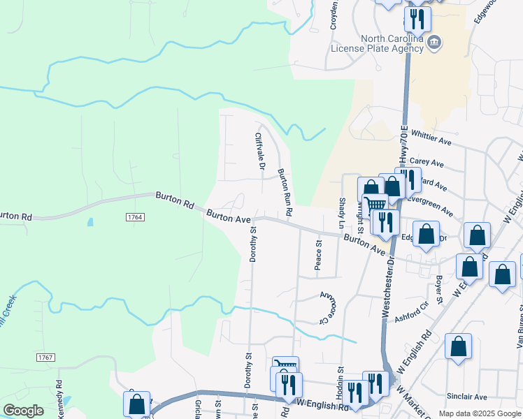 map of restaurants, bars, coffee shops, grocery stores, and more near 1228 Burton Avenue in High Point