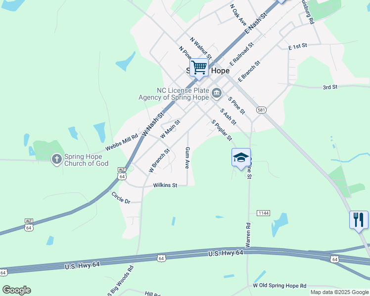 map of restaurants, bars, coffee shops, grocery stores, and more near 218 Gum Avenue in Spring Hope
