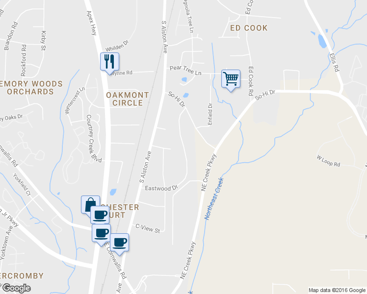 map of restaurants, bars, coffee shops, grocery stores, and more near 2106 Eastwood Drive in Durham