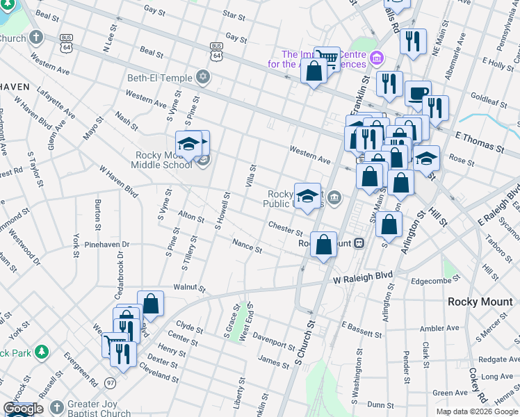 map of restaurants, bars, coffee shops, grocery stores, and more near 500 Hammond Street in Rocky Mount
