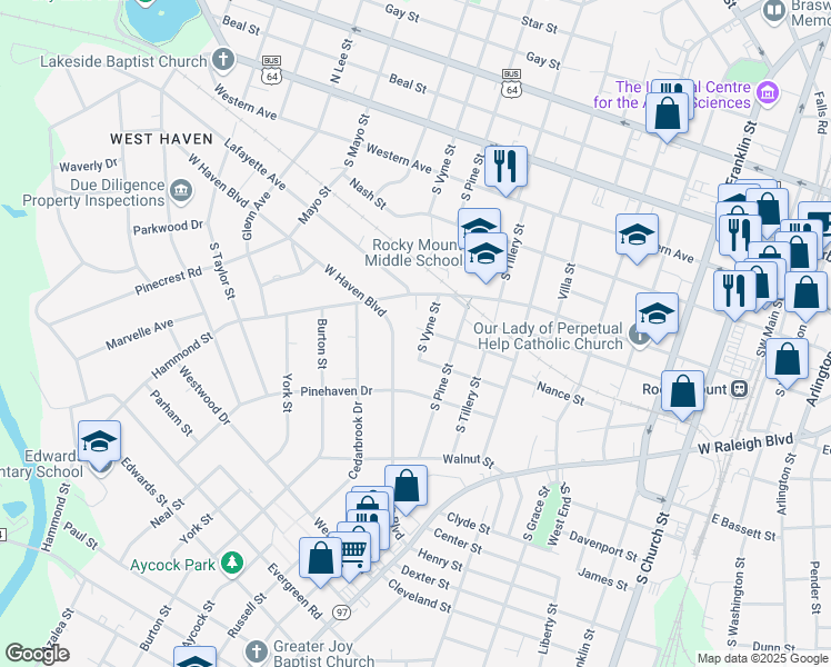 map of restaurants, bars, coffee shops, grocery stores, and more near 523 South Vyne Street in Rocky Mount