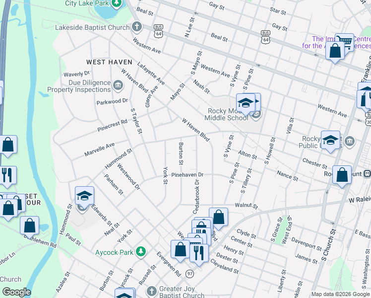 map of restaurants, bars, coffee shops, grocery stores, and more near 704 Burton St in Rocky Mt