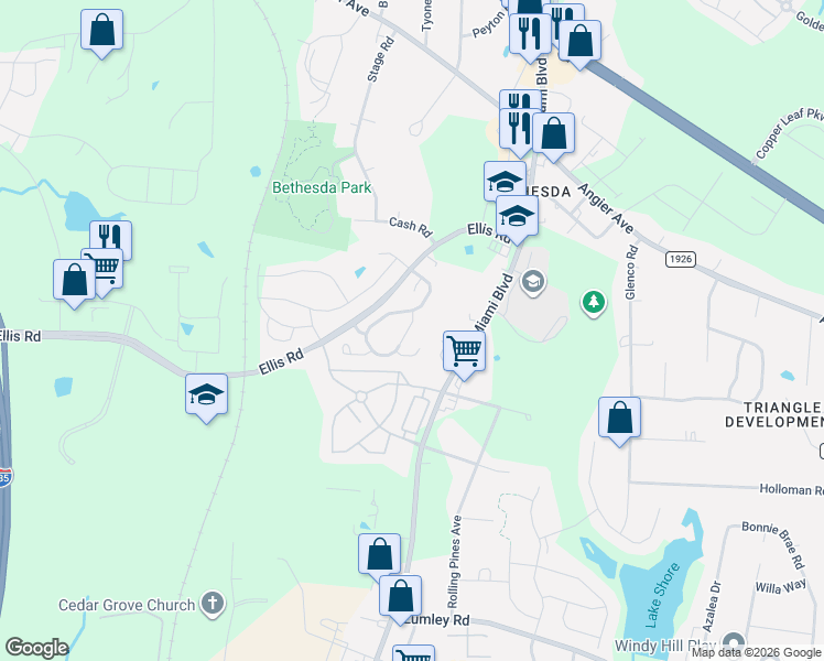 map of restaurants, bars, coffee shops, grocery stores, and more near 110 Hidden Springs Drive in Durham