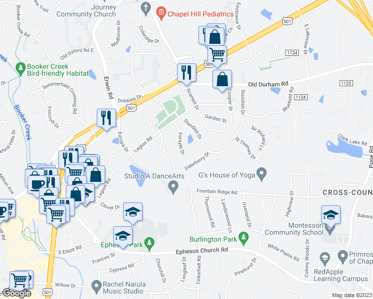 map of restaurants, bars, coffee shops, grocery stores, and more near 125 Forsyth Drive in Chapel Hill