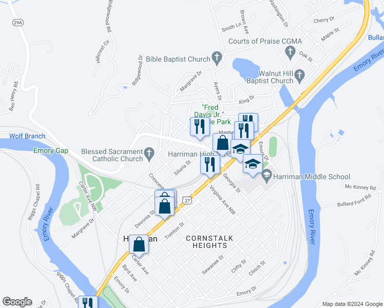 map of restaurants, bars, coffee shops, grocery stores, and more near 604 Oakdale Highway in Harriman