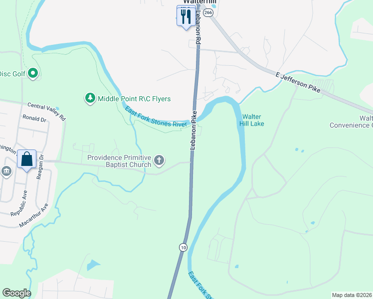 map of restaurants, bars, coffee shops, grocery stores, and more near 110 Central Valley Road in Murfreesboro