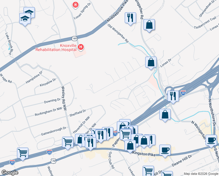 map of restaurants, bars, coffee shops, grocery stores, and more near 6622 Ridgerock Lane in Knoxville