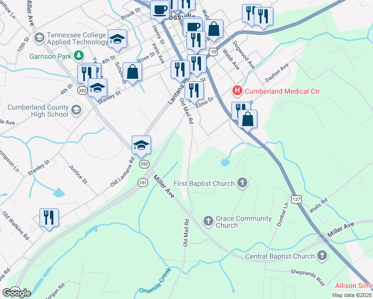 map of restaurants, bars, coffee shops, grocery stores, and more near 278 Old Mail Road in Crossville