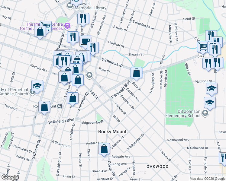 map of restaurants, bars, coffee shops, grocery stores, and more near 400 Tarboro Street in Rocky Mount