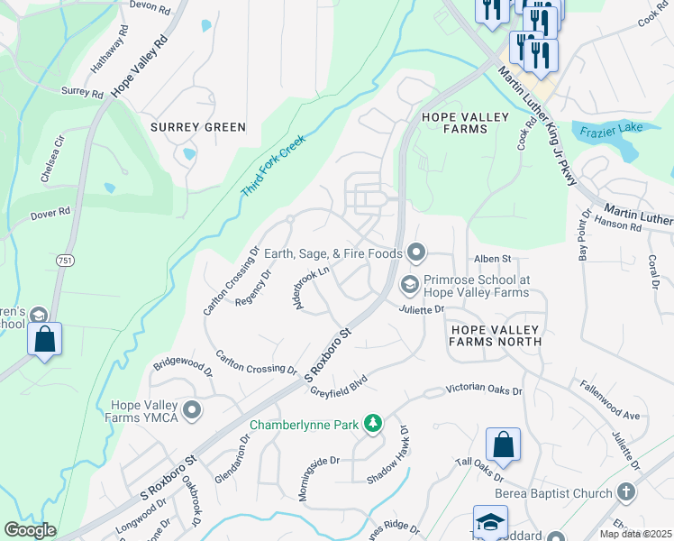 map of restaurants, bars, coffee shops, grocery stores, and more near 4513 Alderbrook Lane in Durham