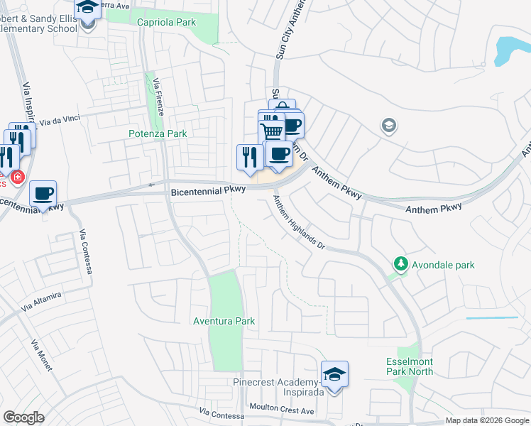 map of restaurants, bars, coffee shops, grocery stores, and more near 2407 Balgavies Court in Henderson