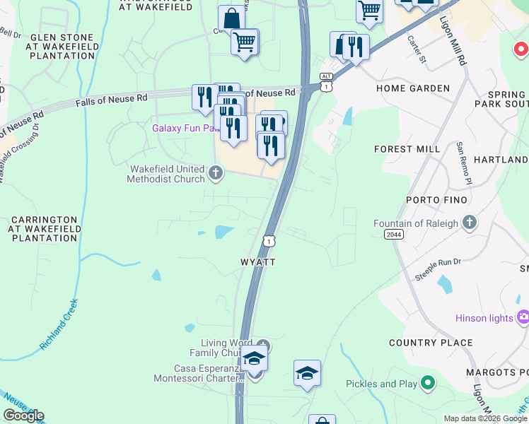 map of restaurants, bars, coffee shops, grocery stores, and more near 10741 Common Oaks Drive in Raleigh