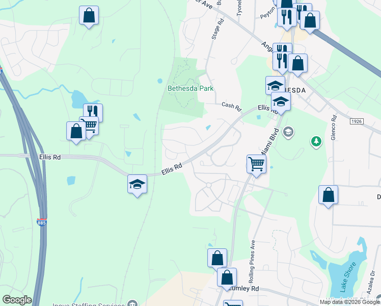 map of restaurants, bars, coffee shops, grocery stores, and more near 1006 Brookville Lane in Durham
