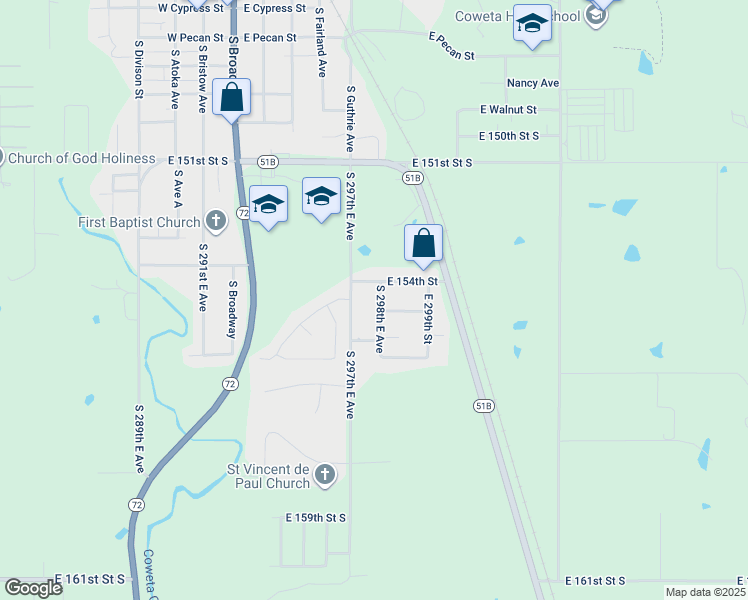 map of restaurants, bars, coffee shops, grocery stores, and more near 15438 South 298th East Avenue in Coweta