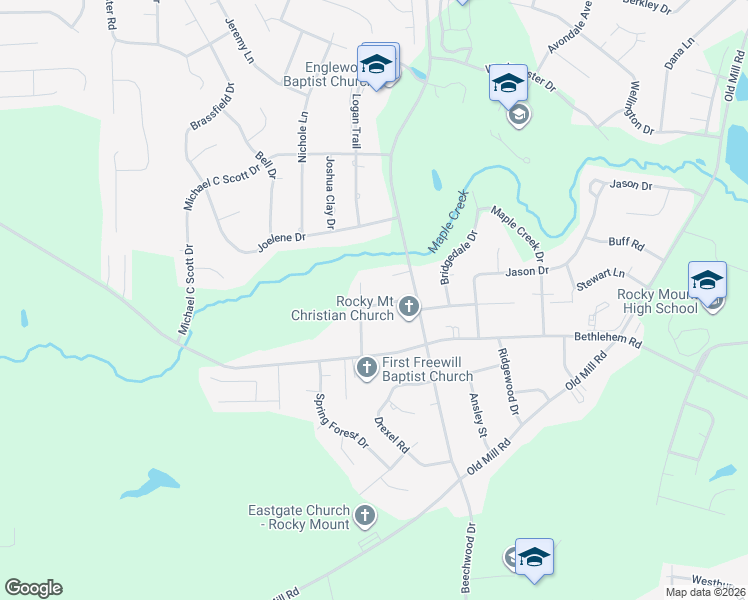 map of restaurants, bars, coffee shops, grocery stores, and more near 1820 Mapleton Drive in Rocky Mount