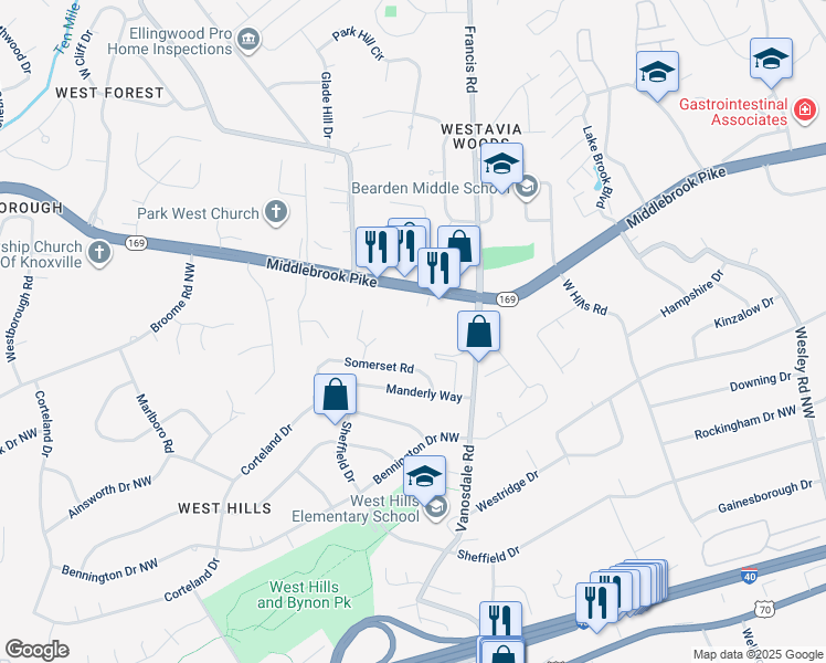 map of restaurants, bars, coffee shops, grocery stores, and more near 801 Vanosdale Road in Knoxville