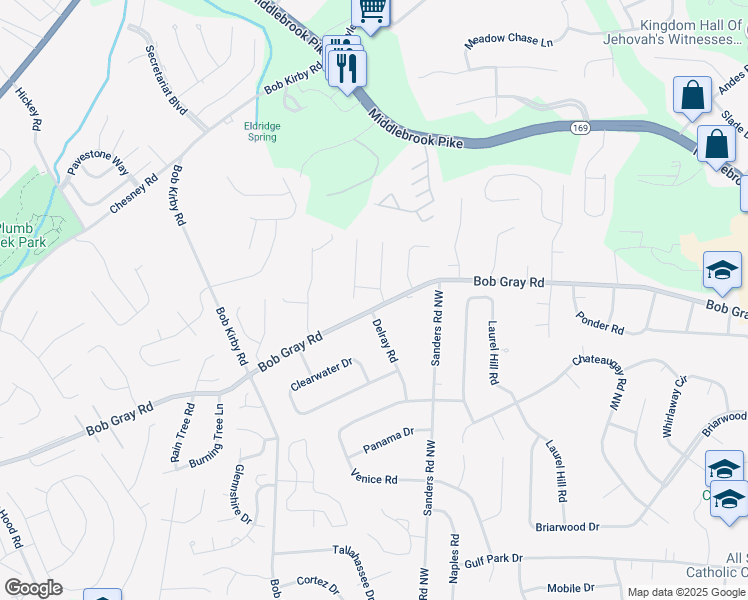 map of restaurants, bars, coffee shops, grocery stores, and more near 9725 Bob Gray Road in Knoxville