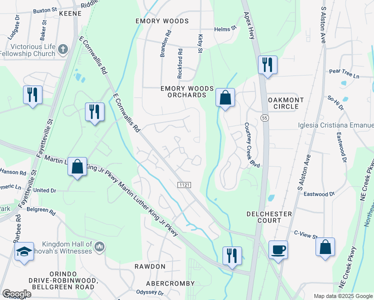 map of restaurants, bars, coffee shops, grocery stores, and more near 1717 East Cornwallis Road in Durham