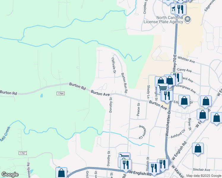 map of restaurants, bars, coffee shops, grocery stores, and more near 1248 Burton Avenue in High Point