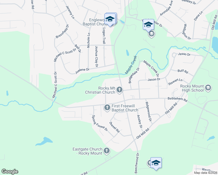 map of restaurants, bars, coffee shops, grocery stores, and more near 1820 Mapleton Drive in Rocky Mount