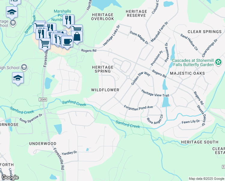 map of restaurants, bars, coffee shops, grocery stores, and more near 3856 Crimson Clover Avenue in Wake Forest