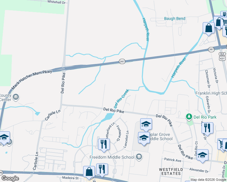 map of restaurants, bars, coffee shops, grocery stores, and more near 1521-1741 Del Rio Pike in Franklin