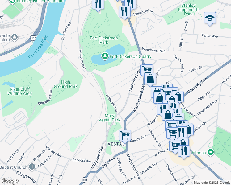map of restaurants, bars, coffee shops, grocery stores, and more near 321 Volena Place Southwest in Knoxville