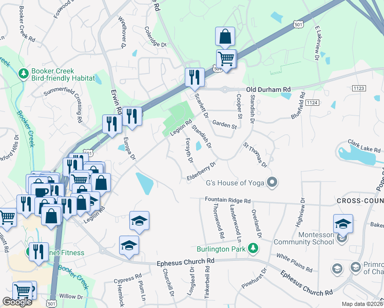 map of restaurants, bars, coffee shops, grocery stores, and more near 125 Forsyth Drive in Chapel Hill